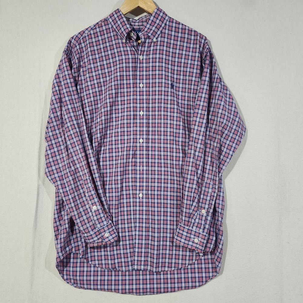 Ralph Lauren Blake Mens M Red White Navy Blue Plaid Cotton Button Down Shirt
